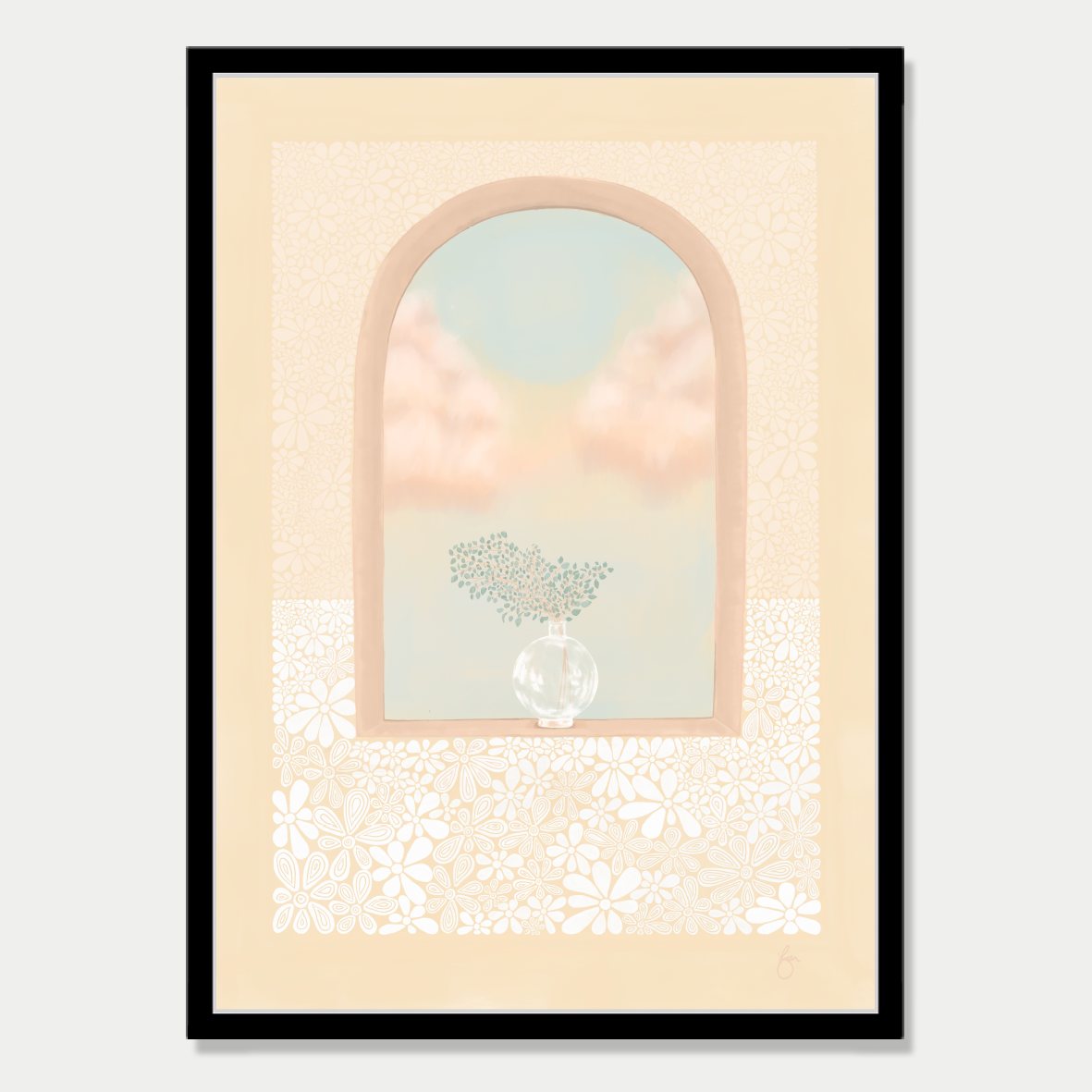 Art print of an arched window with a plant sitting in it and a view of fluffy clouds, in a pastel yellow and peach colour palette, by Bon Jung. Printed in New Zealand by endemicworld and framed in black.