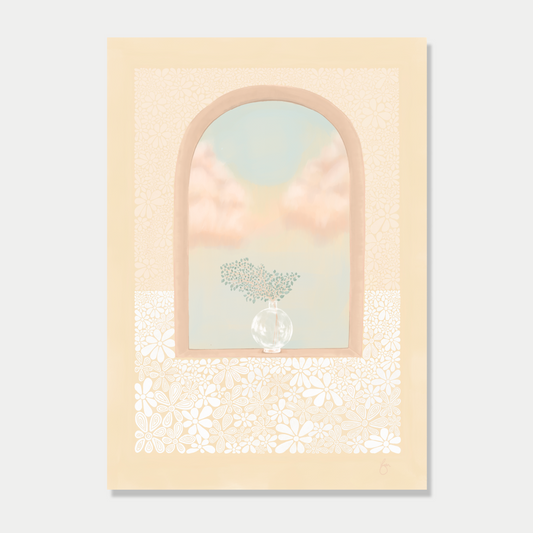 Art print of an arched window with a plant sitting in it and a view of fluffy clouds, in a pastel yellow and peach colour palette, by Bon Jung. Printed in New Zealand by endemicworld.