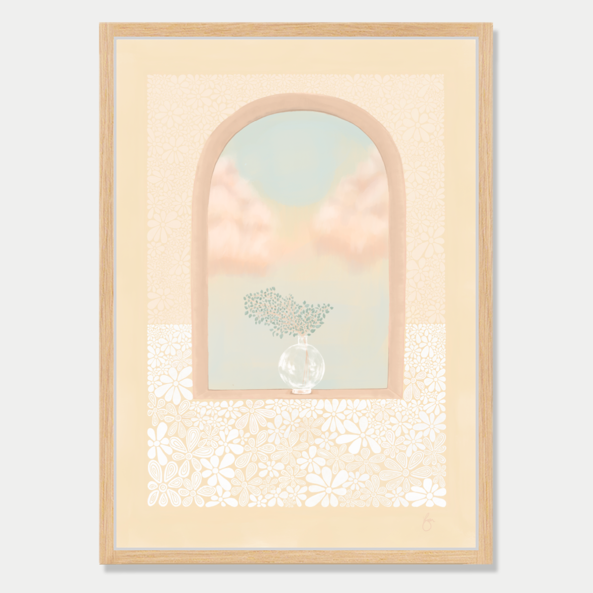 Art print of an arched window with a plant sitting in it and a view of fluffy clouds, in a pastel yellow and peach colour palette, by Bon Jung. Printed in New Zealand by endemicworld and framed in raw oak.