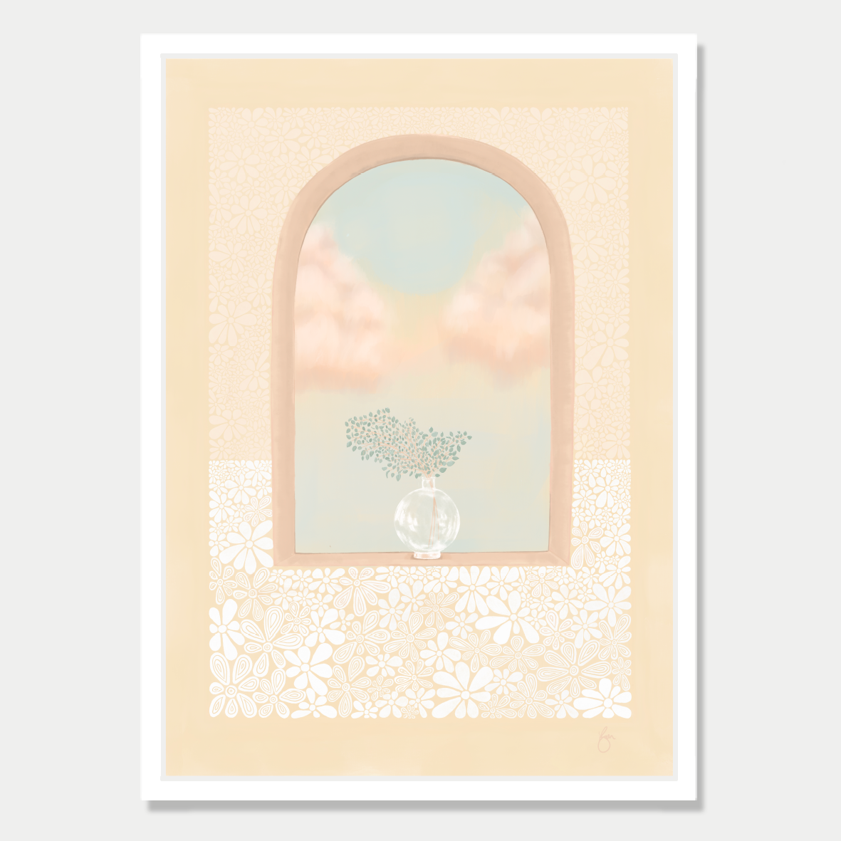 Art print of an arched window with a plant sitting in it and a view of fluffy clouds, in a pastel yellow and peach colour palette, by Bon Jung. Printed in New Zealand by endemicworld and framed in white.
