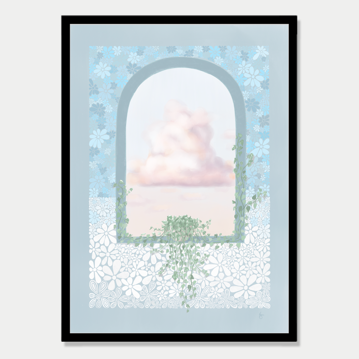 Art print of an arched window with a vine sitting in it, growing up the sides and a view of fluffy clouds, in a stone blue colour palette, by Bon Jung. Printed in New Zealand by endemicworld and framed in black.