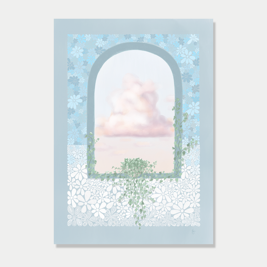 Art print of an arched window with a vine sitting in it, growing up the sides and a view of fluffy clouds, in a stone blue colour palette, by Bon Jung. Printed in New Zealand by endemicworld.