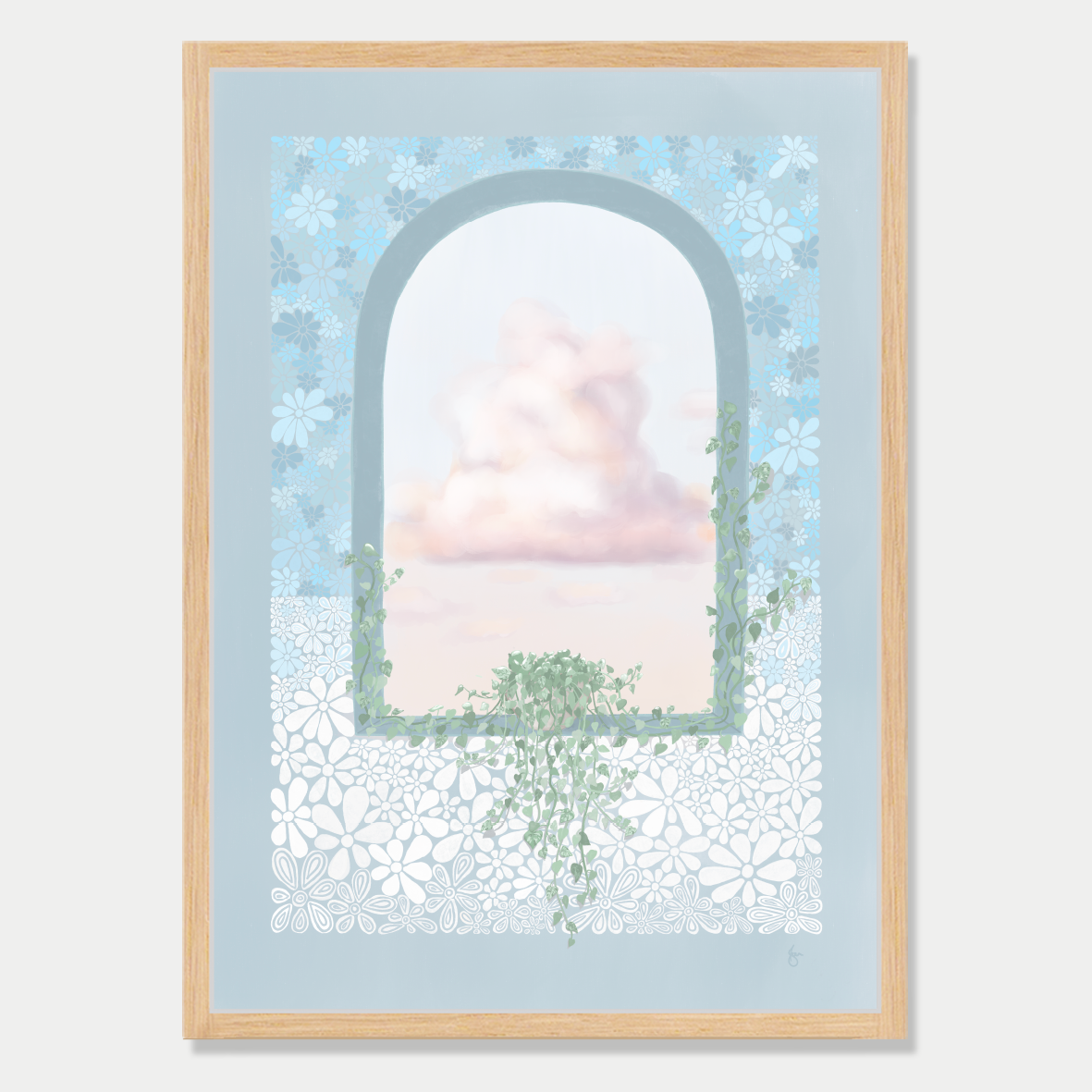 Art print of an arched window with a vine sitting in it, growing up the sides and a view of fluffy clouds, in a stone blue colour palette, by Bon Jung. Printed in New Zealand by endemicworld and framed in raw oak.
