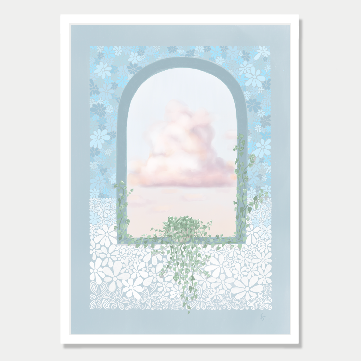 Art print of an arched window with a vine sitting in it, growing up the sides and a view of fluffy clouds, in a stone blue colour palette, by Bon Jung. Printed in New Zealand by endemicworld and framed in white.
