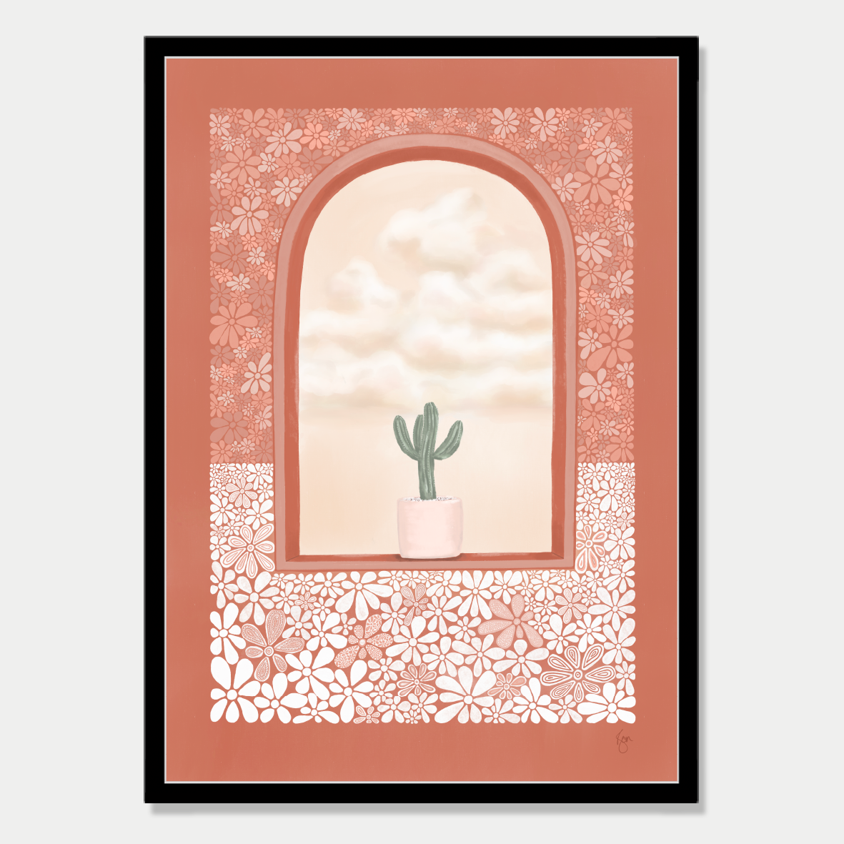 Art print of an arched window with a plant sitting in it and a view of fluffy clouds, in a terracotta colour palette, by Bon Jung. Printed in New Zealand by endemicworld and framed in black.