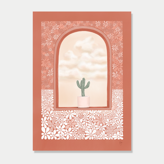 Art print of an arched window with a plant sitting in it and a view of fluffy clouds, in a terracotta colour palette, by Bon Jung. Printed in New Zealand by endemicworld.
