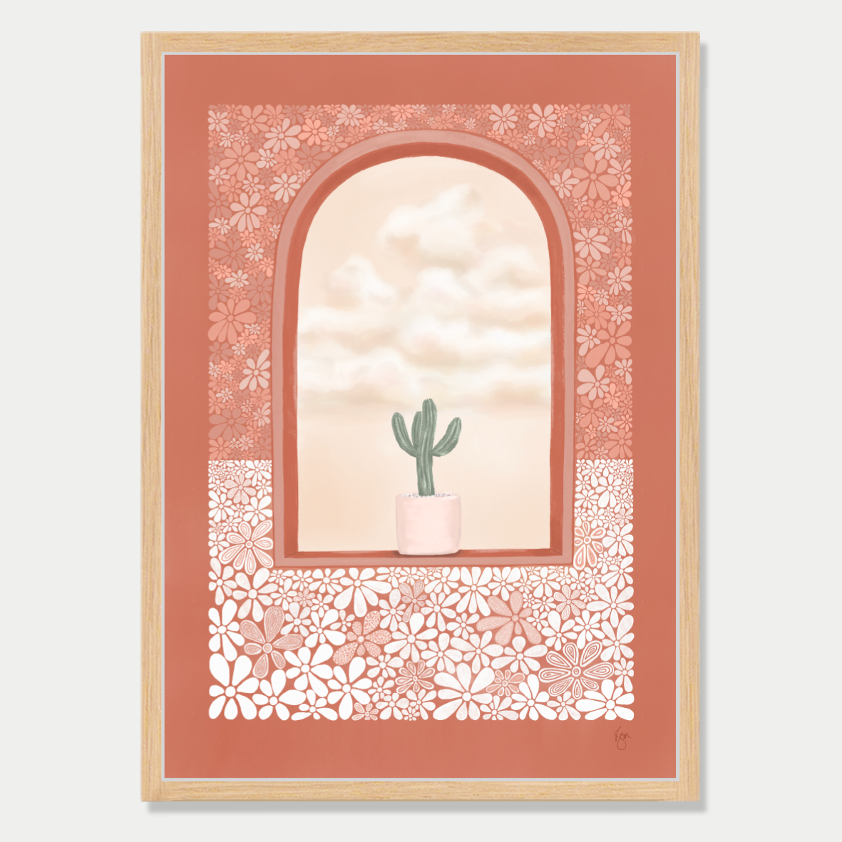 Art print of an arched window with a plant sitting in it and a view of fluffy clouds, in a terracotta colour palette, by Bon Jung. Printed in New Zealand by endemicworld and framed in raw oak.