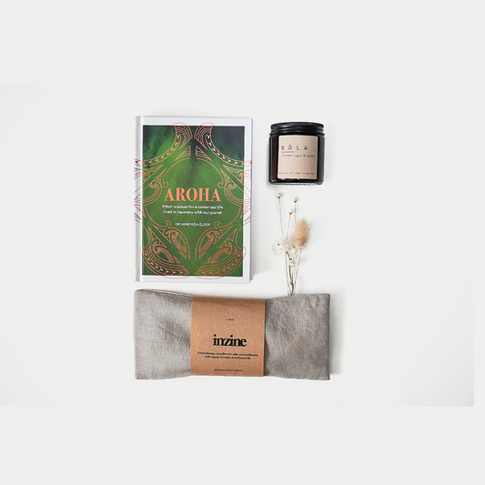 Gift set with Aroha book, Nōla candle brown sugar and tonka handcrafted in new zealand and organic chamomile and lavender eye pillow linen handmade in new zealand