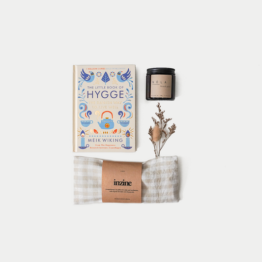 Gift set with Hygge Book, hand-crafted Nōla French Pear Candle made in New Zealand and inzine linen eye pillow with organic chamomile and lavender handmade in New Zealand