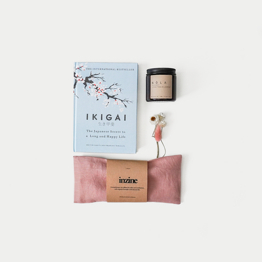 Gift box - Ikigai by Hector Garcia and Francesc Miralles, Organic Chamomile and Lavender eye pillow - linen handmade in New Zealand, Nōla candle - white lotus and jasmine hand crafted in New Zealand